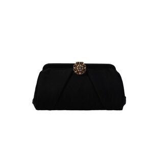 Garay Womens Gold Tone Jeweled Pearl Closure Inverted Pleat Clutch Handbag Black